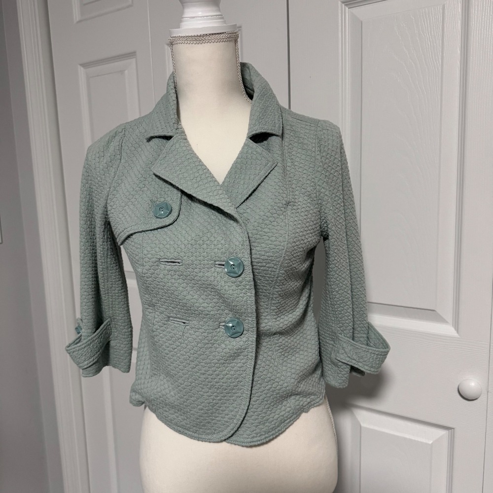 Allihop Womens XS Sage Green Quilted Cropped Jacket 3/4 Sleeve Double Breasted
